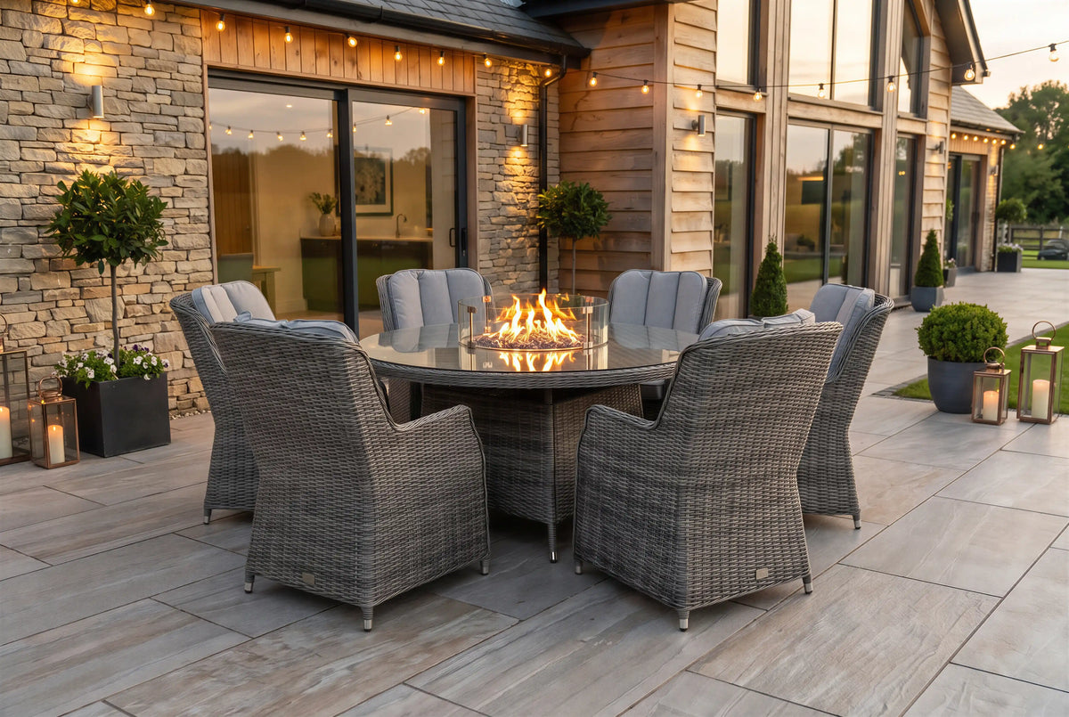 Chimes - Prestige Grey Madrid 6 Seat Round Dining Set - 1.5 Meter Round Table with Firepit