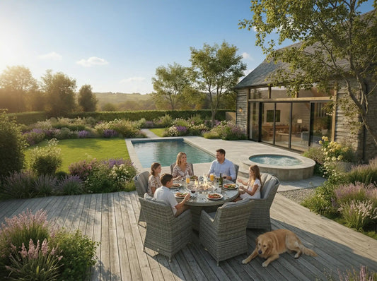 Chimes - Prestige Grey Madrid 6 Seat Round Dining Set - 1.5 Meter Round Table with Firepit