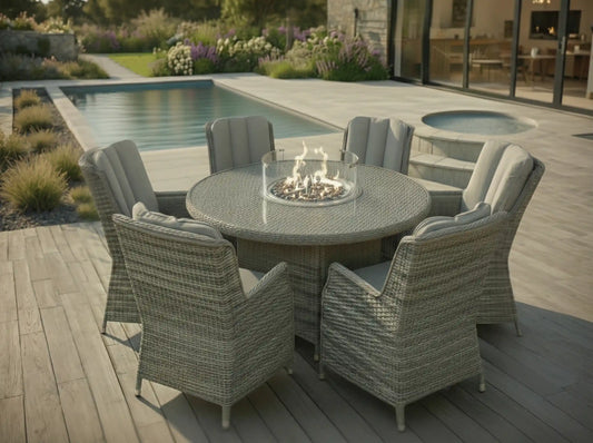 Chimes - Prestige Grey Madrid 6 Seat Round Dining Set - 1.5 Meter Round Table with Firepit