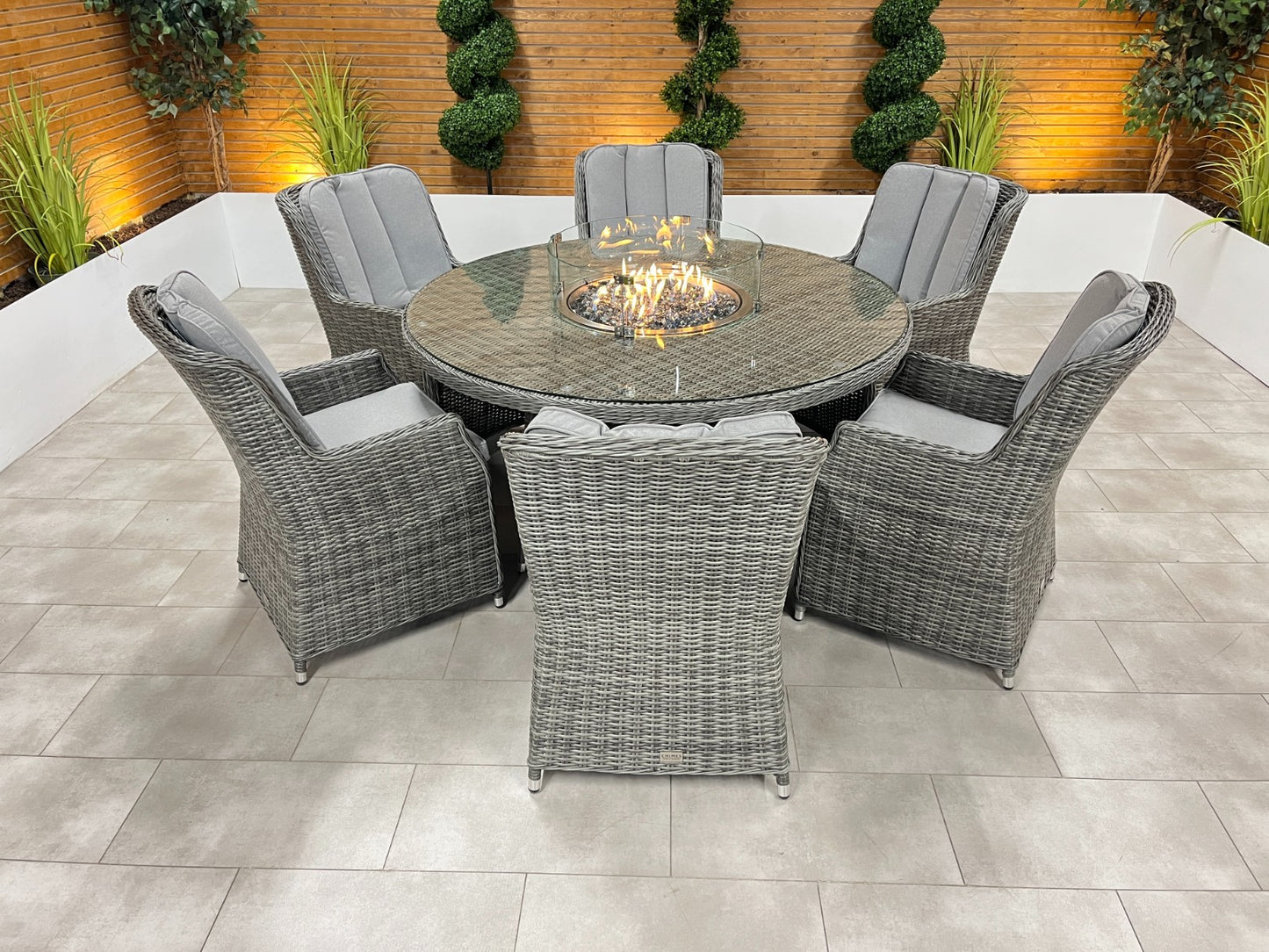 Chimes - Prestige Grey Madrid 6 Seat Round Dining Set - 1.5 Meter Round Table with Firepit