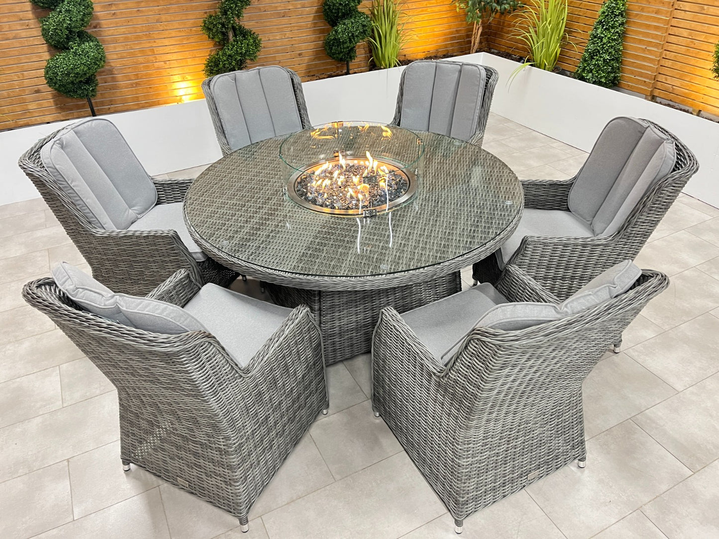Chimes - Prestige Grey Madrid 6 Seat Round Dining Set - 1.5 Meter Round Table with Firepit
