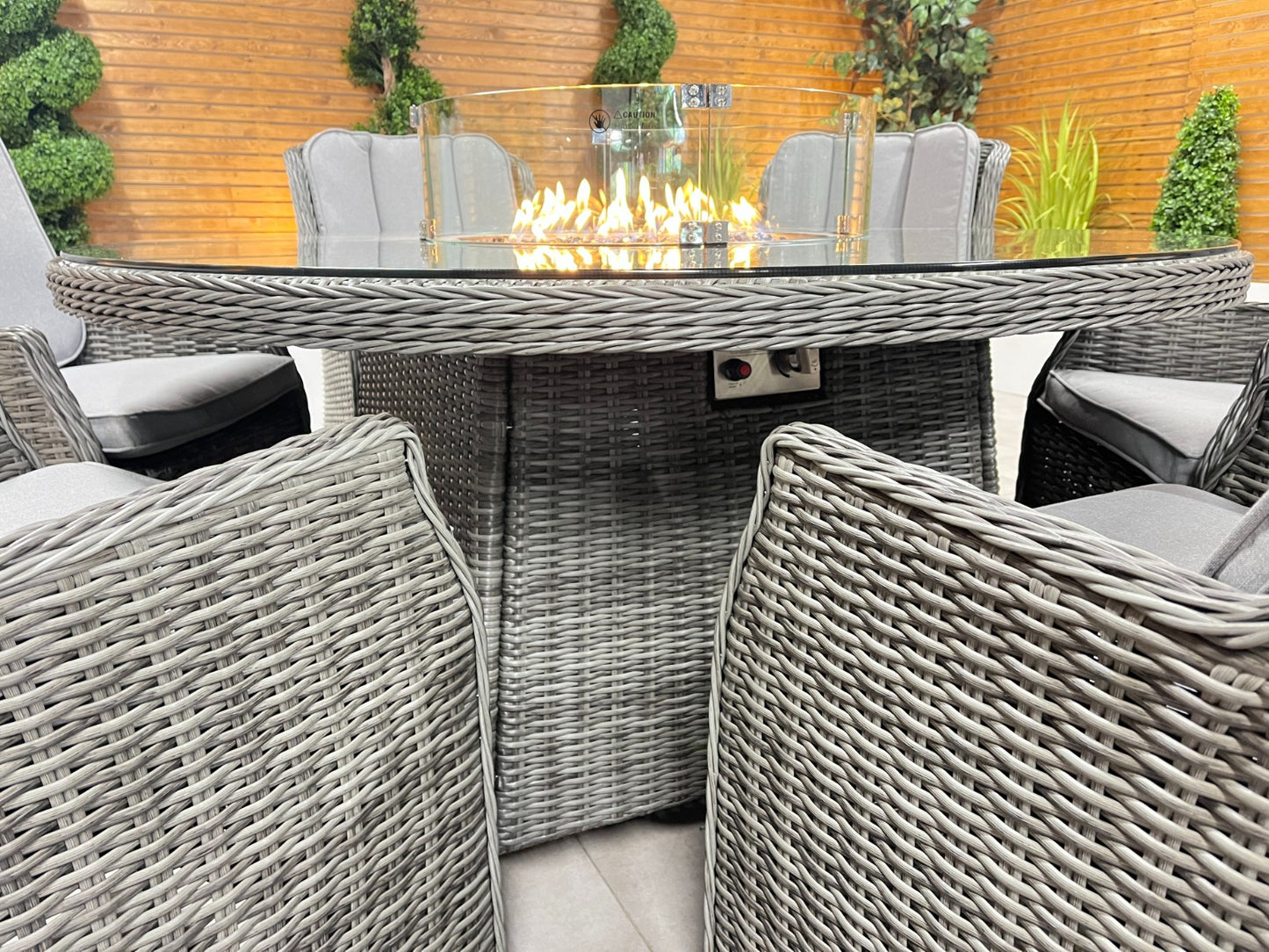 Chimes - Prestige Grey Madrid 6 Seat Round Dining Set - 1.5 Meter Round Table with Firepit