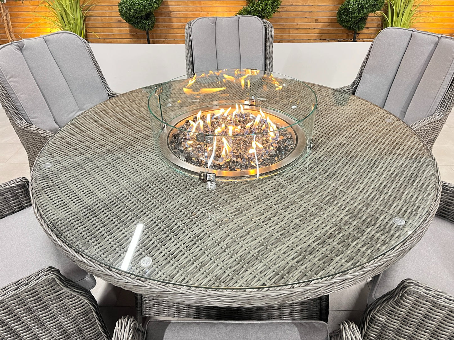 Chimes - Prestige Grey Madrid 6 Seat Round Dining Set - 1.5 Meter Round Table with Firepit