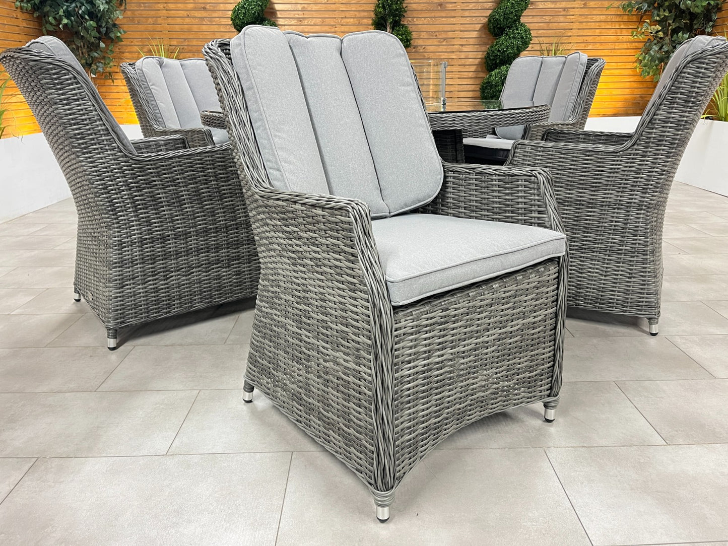 Chimes - Prestige Grey Madrid 6 Seat Round Dining Set - 1.5 Meter Round Table with Firepit