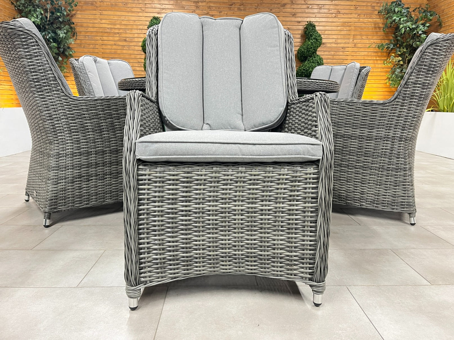 Chimes - Prestige Grey Madrid 6 Seat Round Dining Set - 1.5 Meter Round Table with Firepit