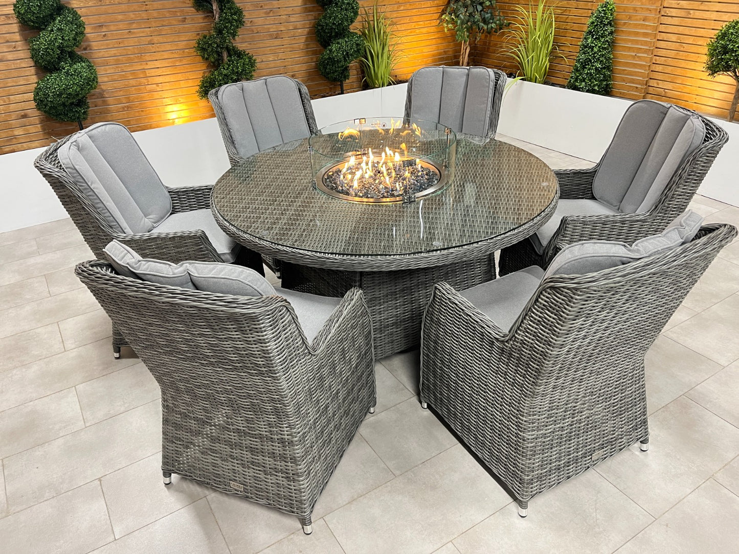 Chimes - Prestige Grey Madrid 6 Seat Round Dining Set - 1.5 Meter Round Table with Firepit