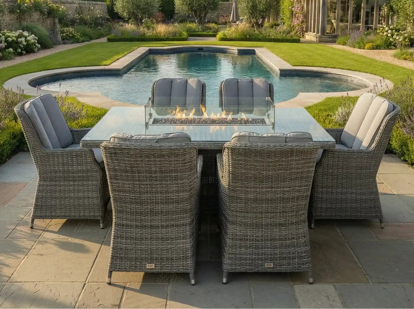 Chimes - Prestige Grey Madrid 6 Seat Rectangular Dining Set - 1 Meter x 1.5 Meter Table With Firepit