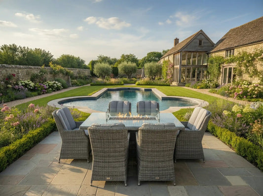 Chimes - Prestige Grey Madrid 6 Seat Rectangular Dining Set - 1 Meter x 1.5 Meter Table With Firepit