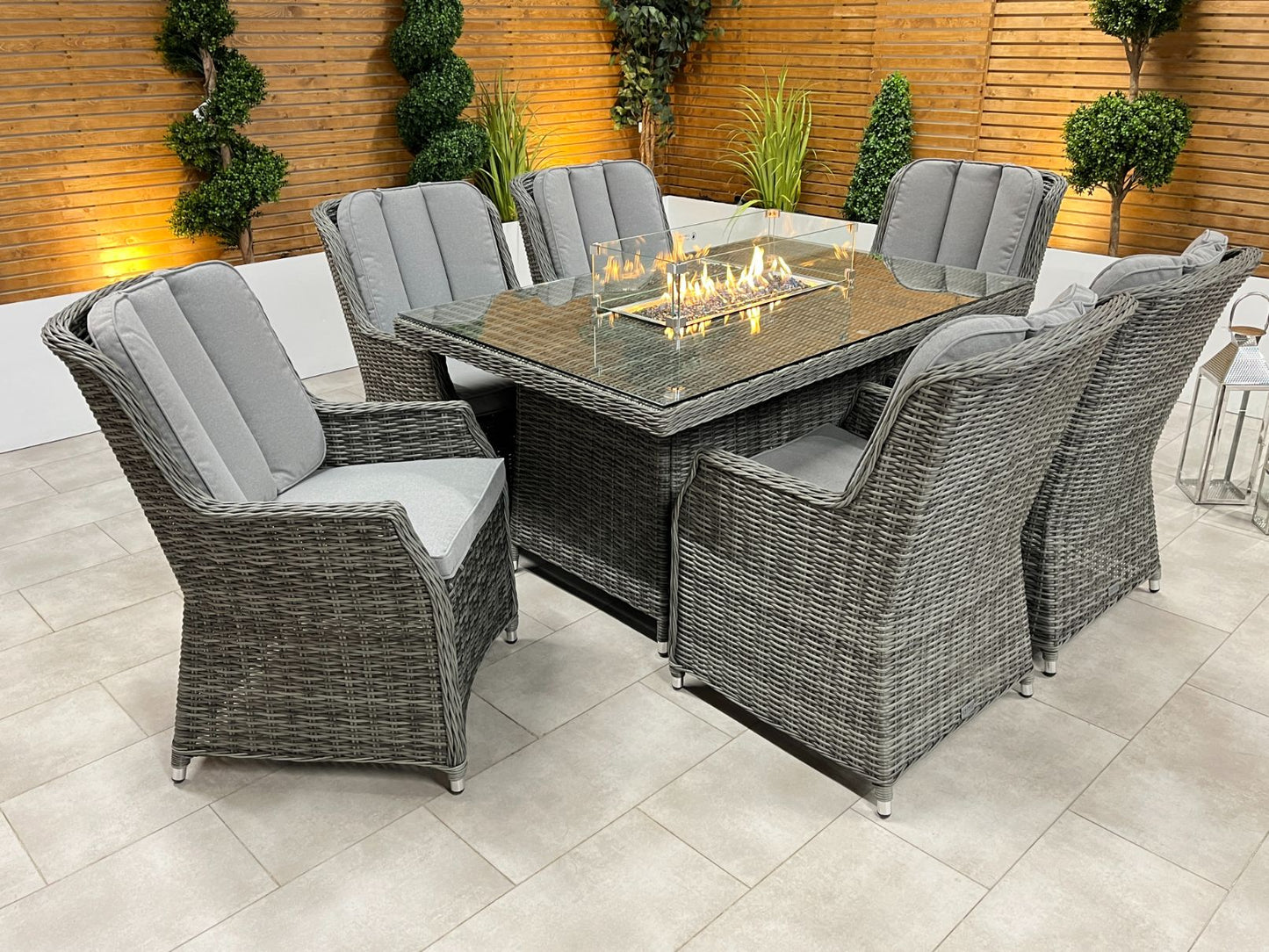 Chimes - Prestige Grey Madrid 6 Seat Rectangular Dining Set - 1 Meter x 1.5 Meter Table With Firepit
