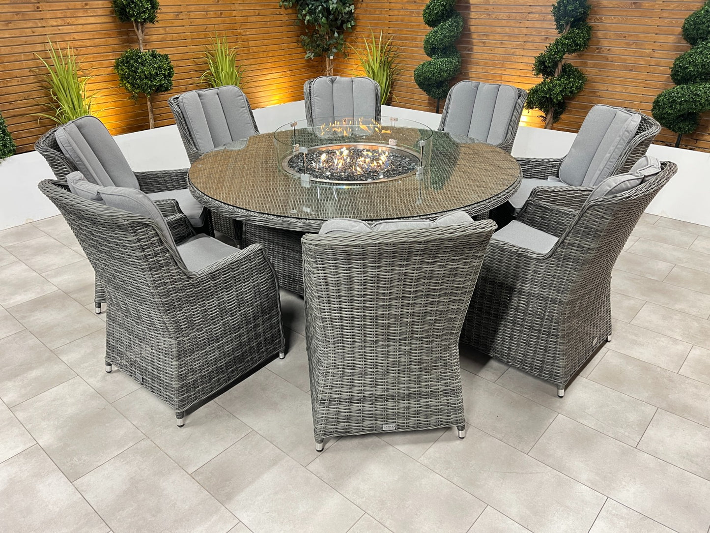 Chimes - Prestige Grey Madrid 8 Seat Round Dining Set - 1.8 Meter Round Table with Firepit
