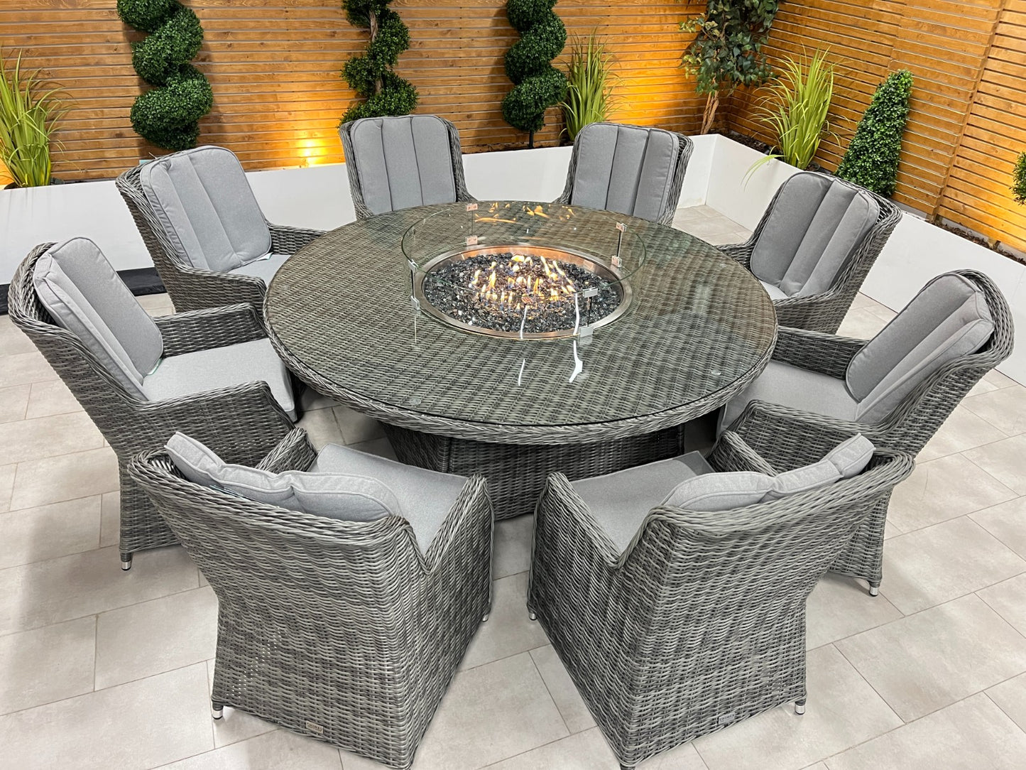 Chimes - Prestige Grey Madrid 8 Seat Round Dining Set - 1.8 Meter Round Table with Firepit