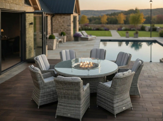 Chimes - Prestige Grey Madrid 8 Seat Round Dining Set - 1.8 Meter Round Table with Firepit