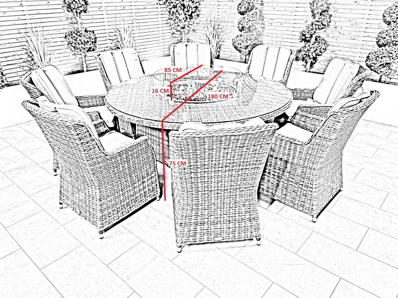 Chimes - Prestige Grey Madrid 8 Seat Round Dining Set - 1.8 Meter Round Table with Firepit
