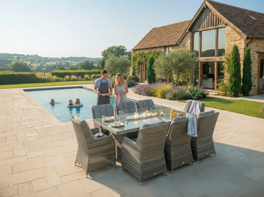 Chimes - Prestige Grey Madrid 8 Seat Rectangular Dining Set - 1 Meter x 2 Meter Table With Firepit