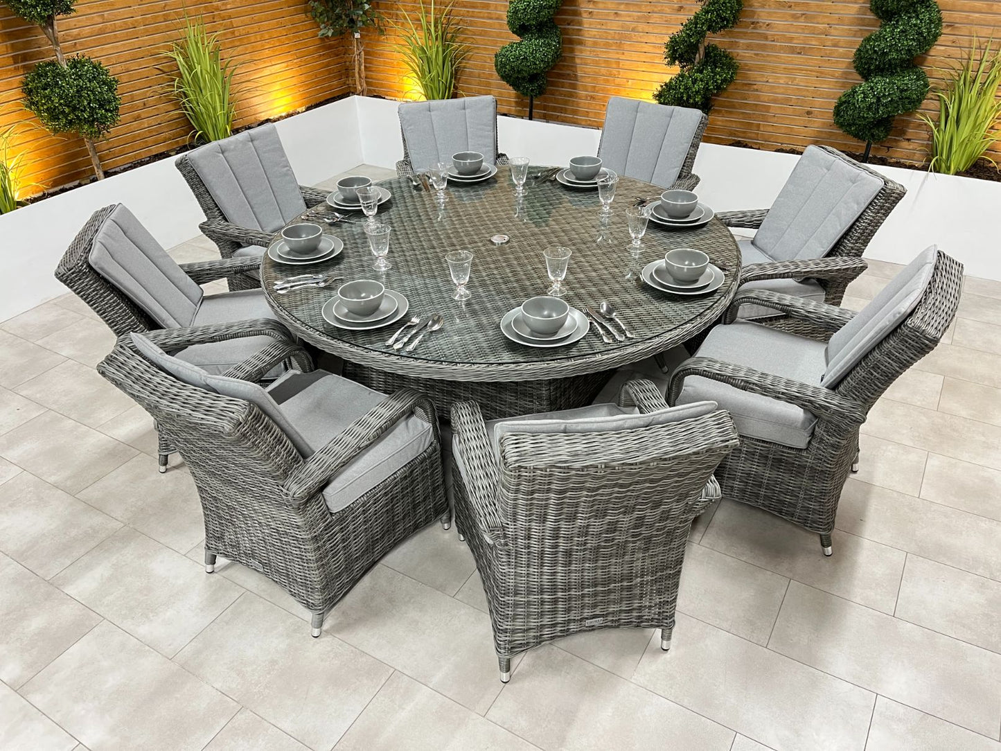 Chimes - Prestige Grey Valencia 8 Seat Round Dining Set - 1.8 Meter Round Table - 2 IN STOCK