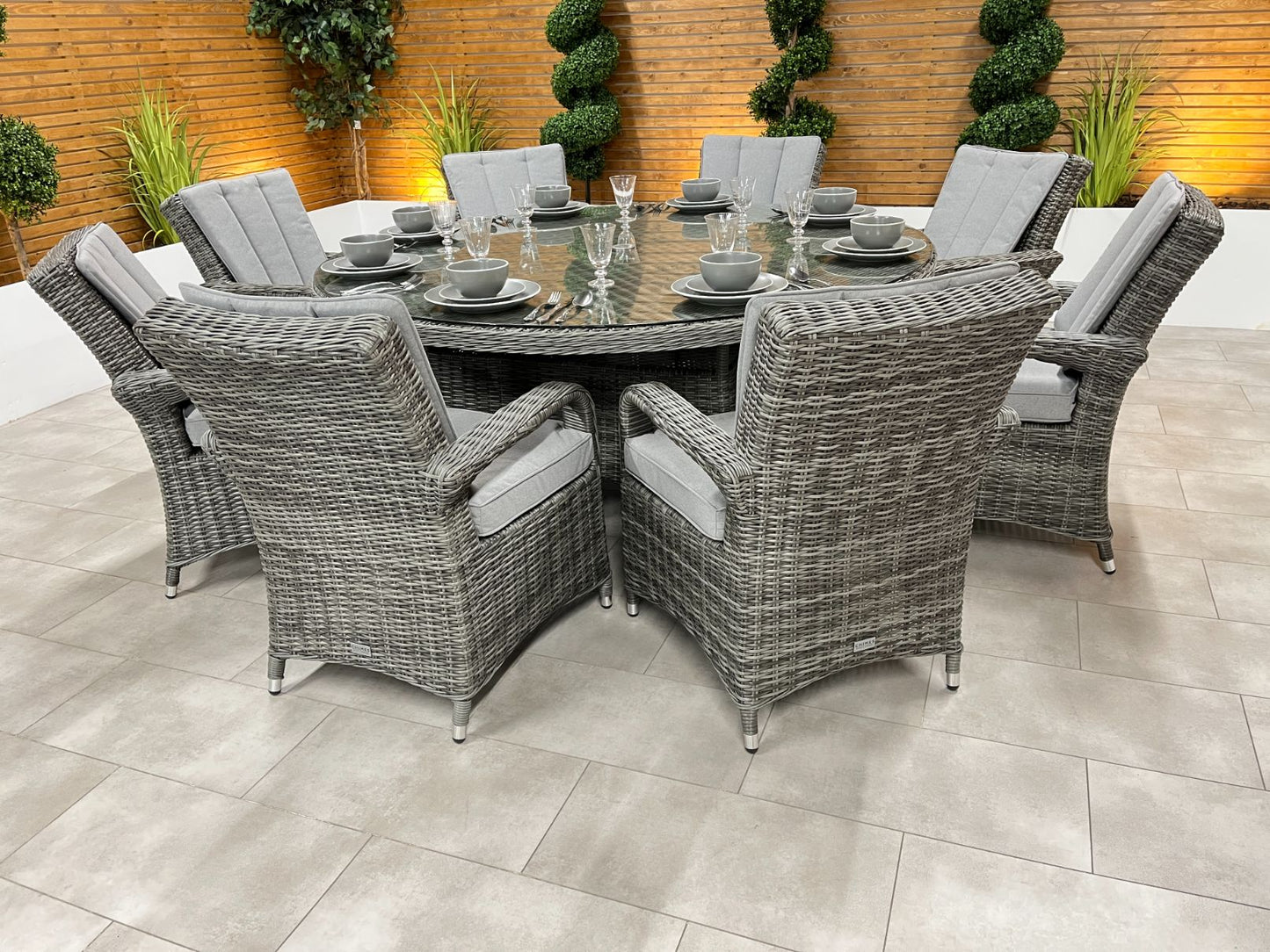 Chimes - Prestige Grey Valencia 8 Seat Round Dining Set - 1.8 Meter Round Table - 2 IN STOCK