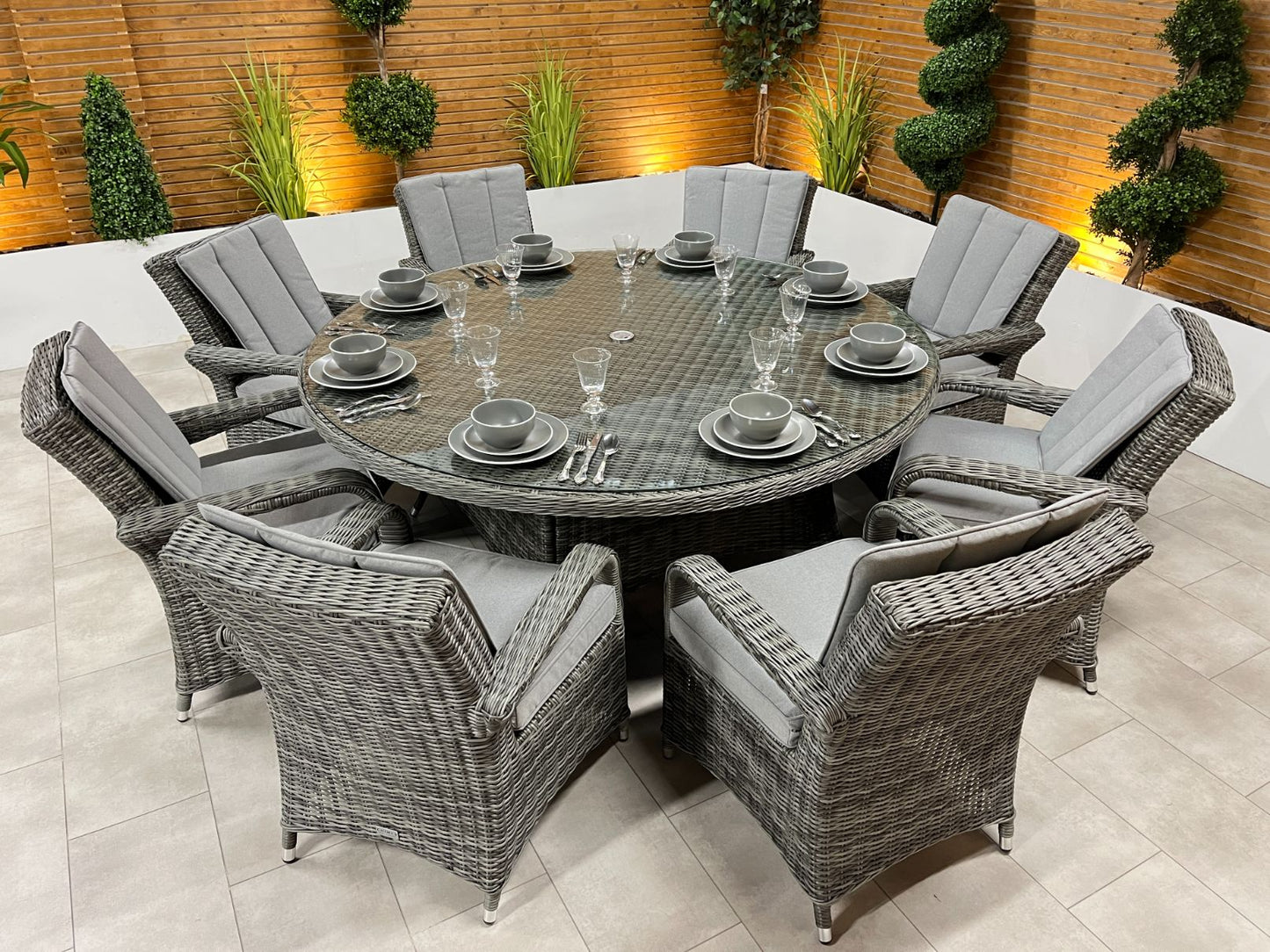 Chimes - Prestige Grey Valencia 8 Seat Round Dining Set - 1.8 Meter Round Table - 2 IN STOCK