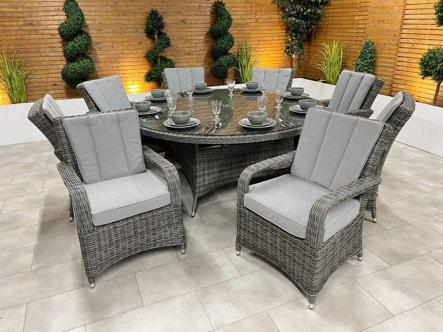 Chimes - Prestige Grey Valencia 8 Seat Round Dining Set - 1.8 Meter Round Table - 2 IN STOCK