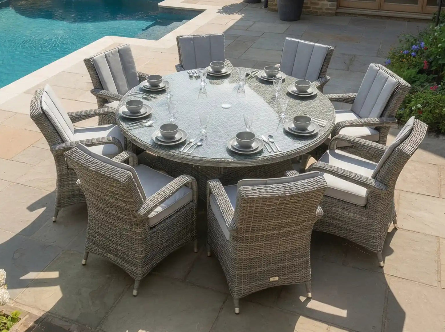 Chimes - Prestige Grey Valencia 8 Seat Round Dining Set - 1.8 Meter Round Table - 2 IN STOCK