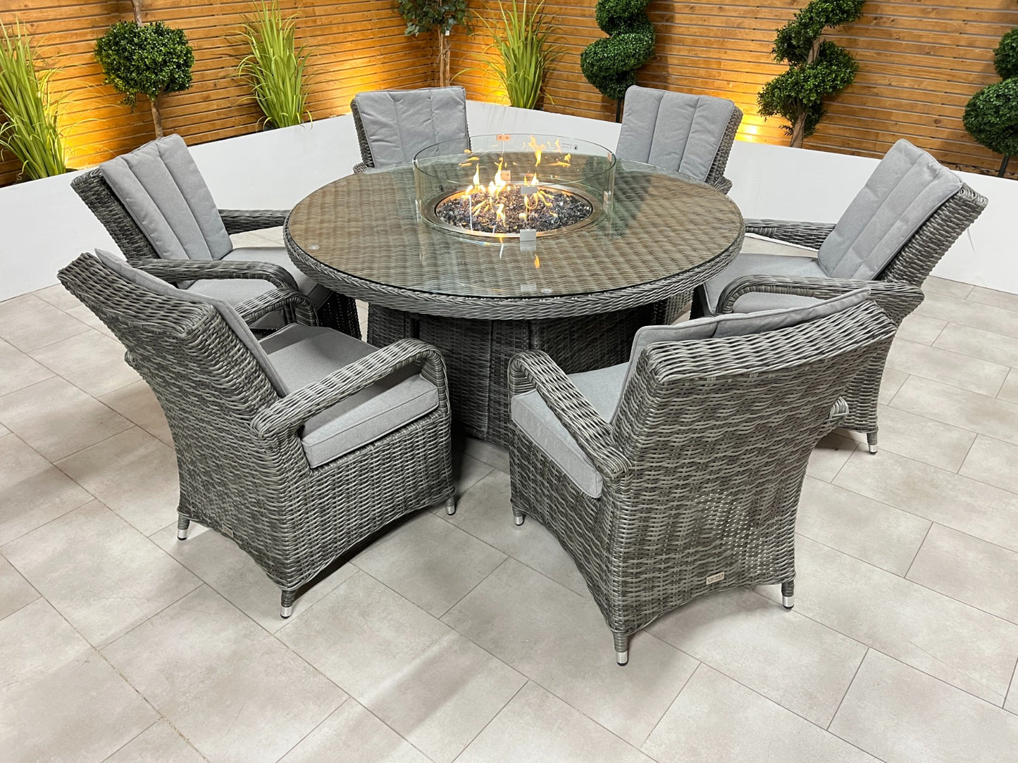 Chimes - Prestige Grey Valencia 6 Seat Round Dining Set - 1.5 Meter Round Table With Firepit