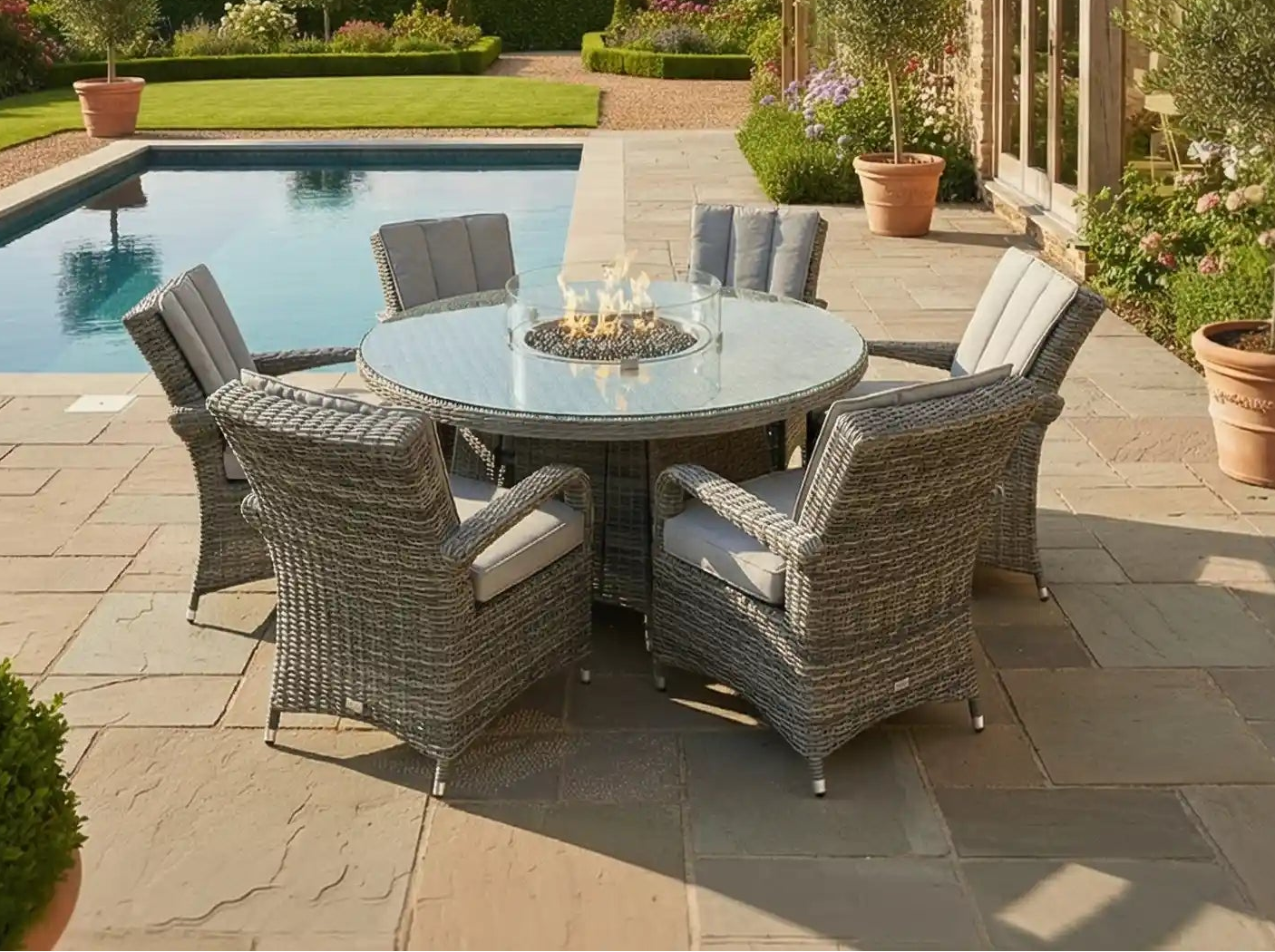 Chimes - Prestige Grey Valencia 6 Seat Round Dining Set - 1.5 Meter Round Table With Firepit