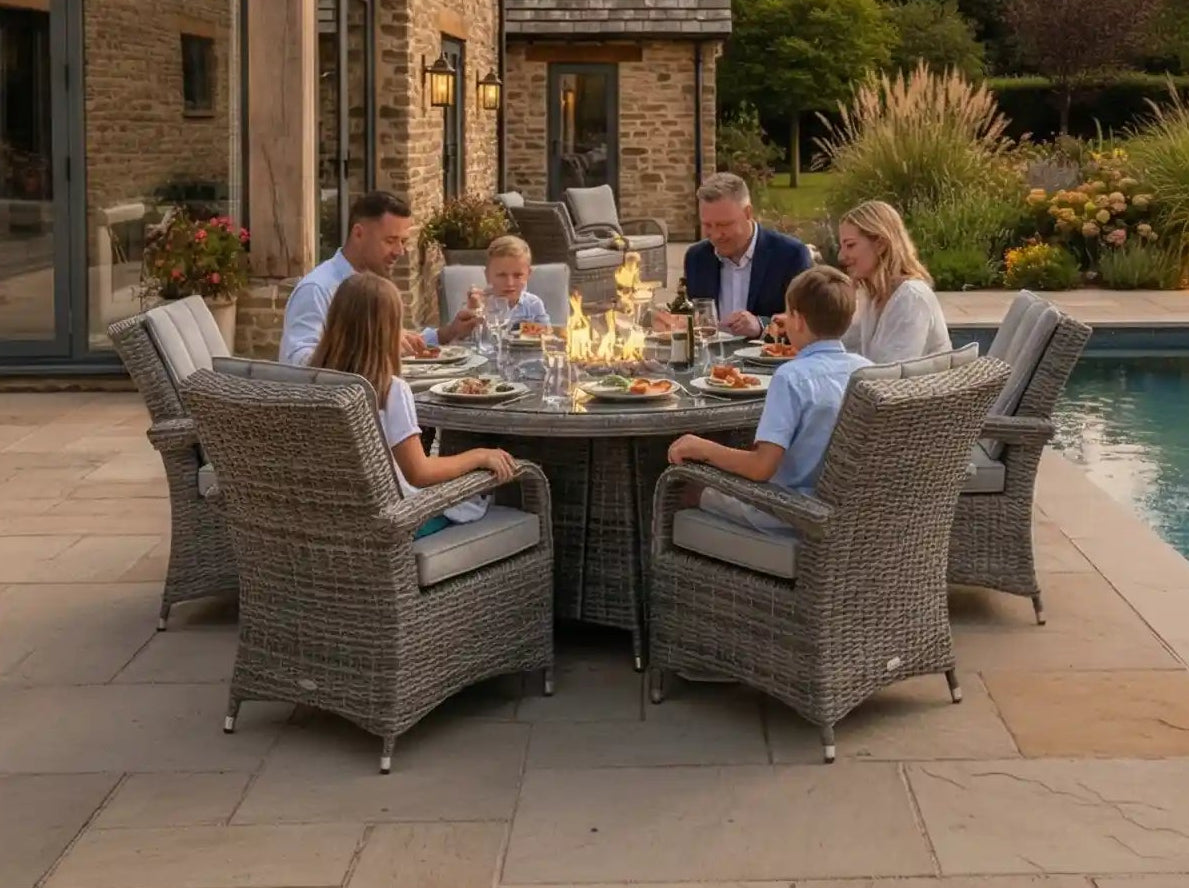 Chimes - Prestige Grey Valencia 6 Seat Round Dining Set - 1.5 Meter Round Table With Firepit