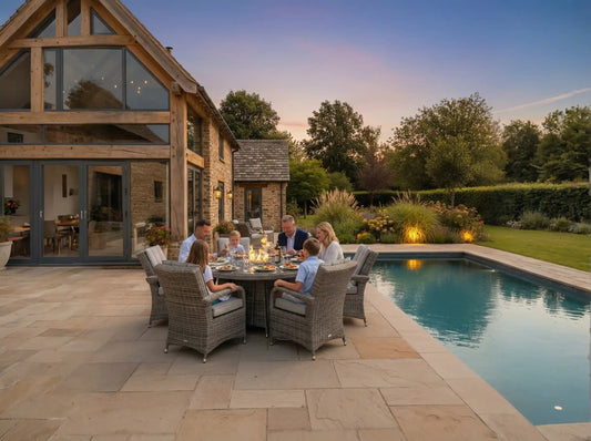 Chimes - Prestige Grey Valencia 6 Seat Round Dining Set - 1.5 Meter Round Table With Firepit