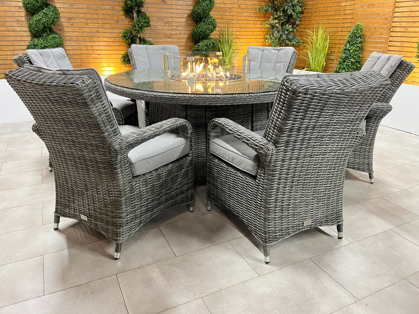 Chimes - Prestige Grey Valencia 6 Seat Round Dining Set - 1.5 Meter Round Table With Firepit