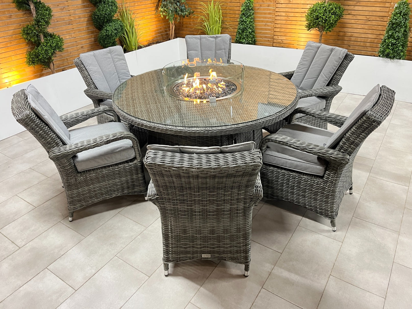 Chimes - Prestige Grey Valencia 6 Seat Round Dining Set - 1.5 Meter Round Table With Firepit
