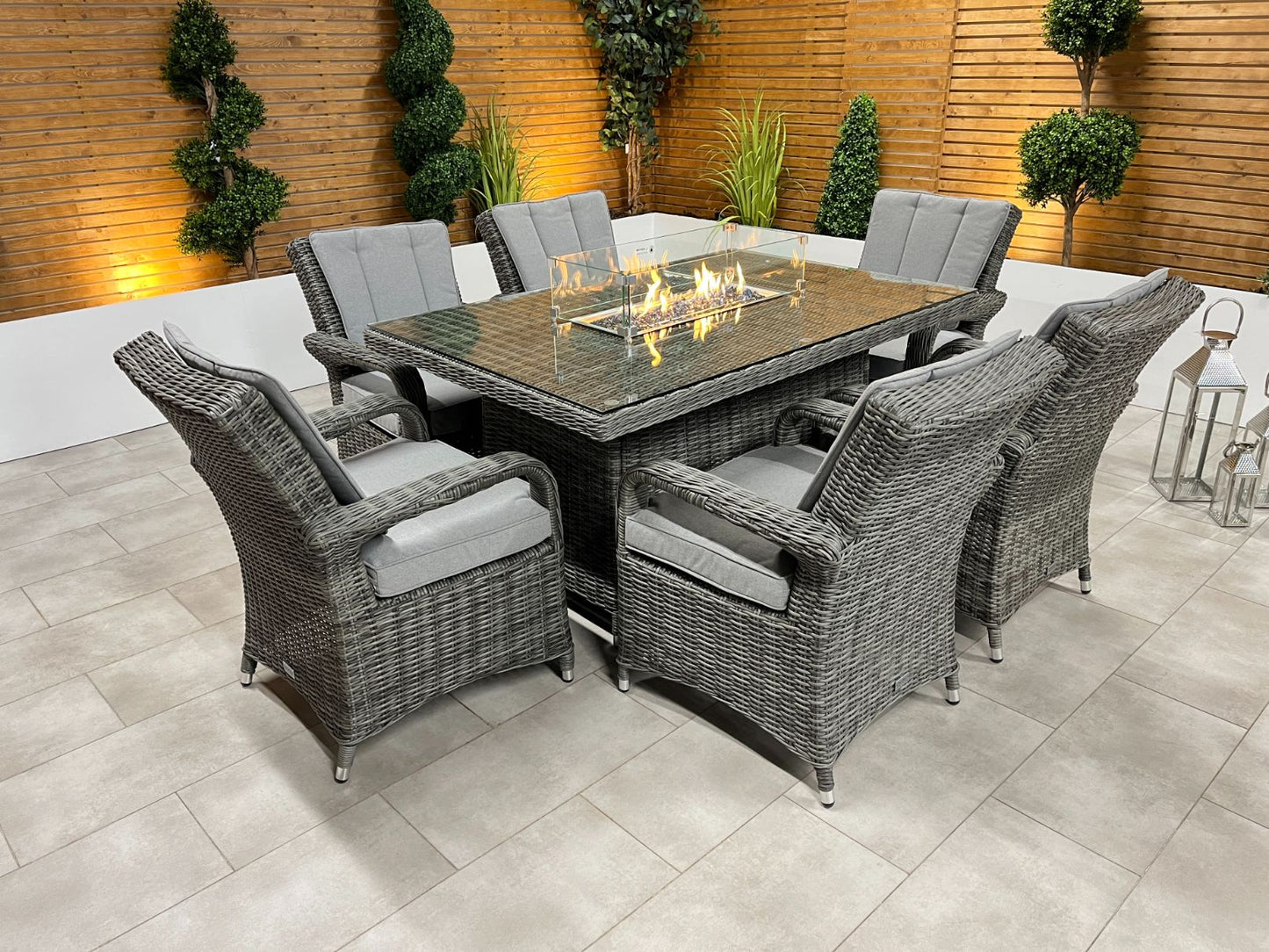 Chimes - Prestige Grey Valencia 6 Seat Rectangular Dining Set - 1 Meter x 1.5 Meter Table With Firepit