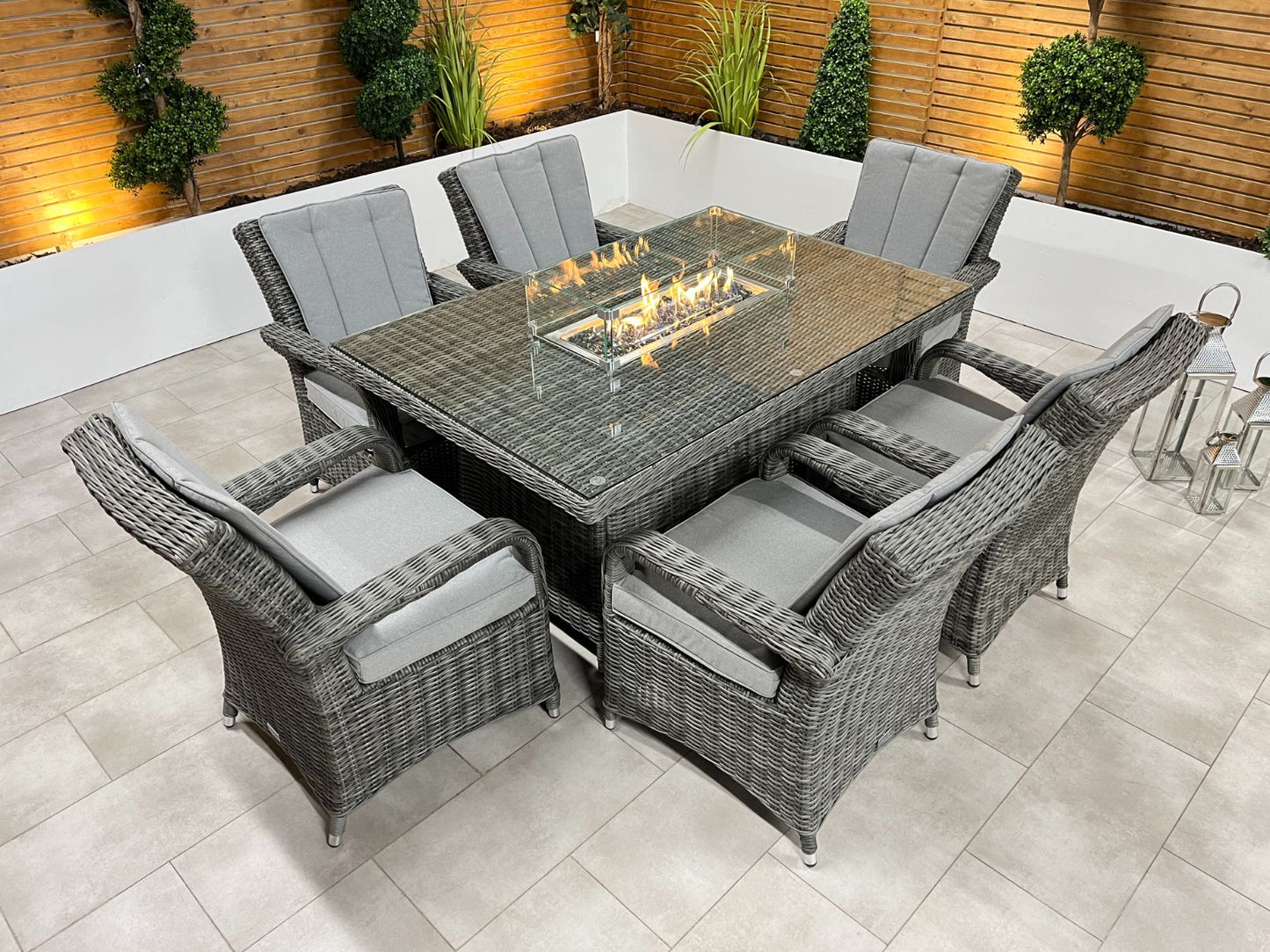 Chimes - Prestige Grey Valencia 6 Seat Rectangular Dining Set - 1 Meter x 1.5 Meter Table With Firepit