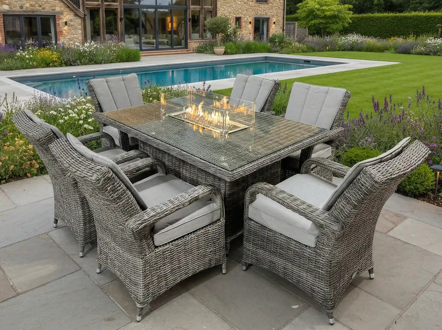 Chimes - Prestige Grey Valencia 6 Seat Rectangular Dining Set - 1 Meter x 1.5 Meter Table With Firepit