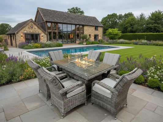 Chimes - Prestige Grey Valencia 6 Seat Rectangular Dining Set - 1 Meter x 1.5 Meter Table With Firepit