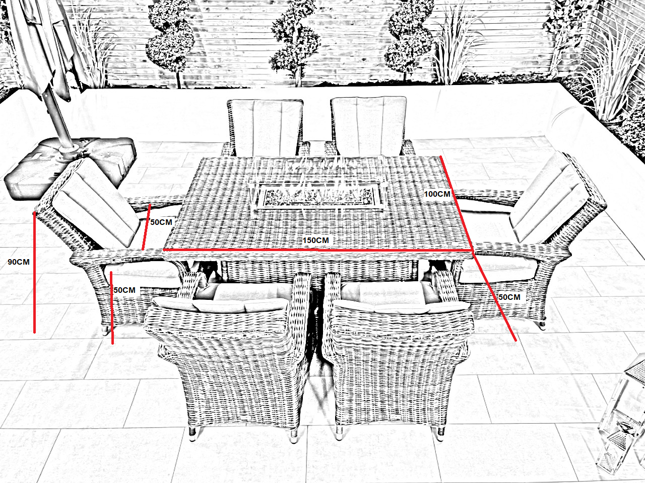 Chimes - Prestige Grey Valencia 6 Seat Rectangular Dining Set - 1 Meter x 1.5 Meter Table With Firepit