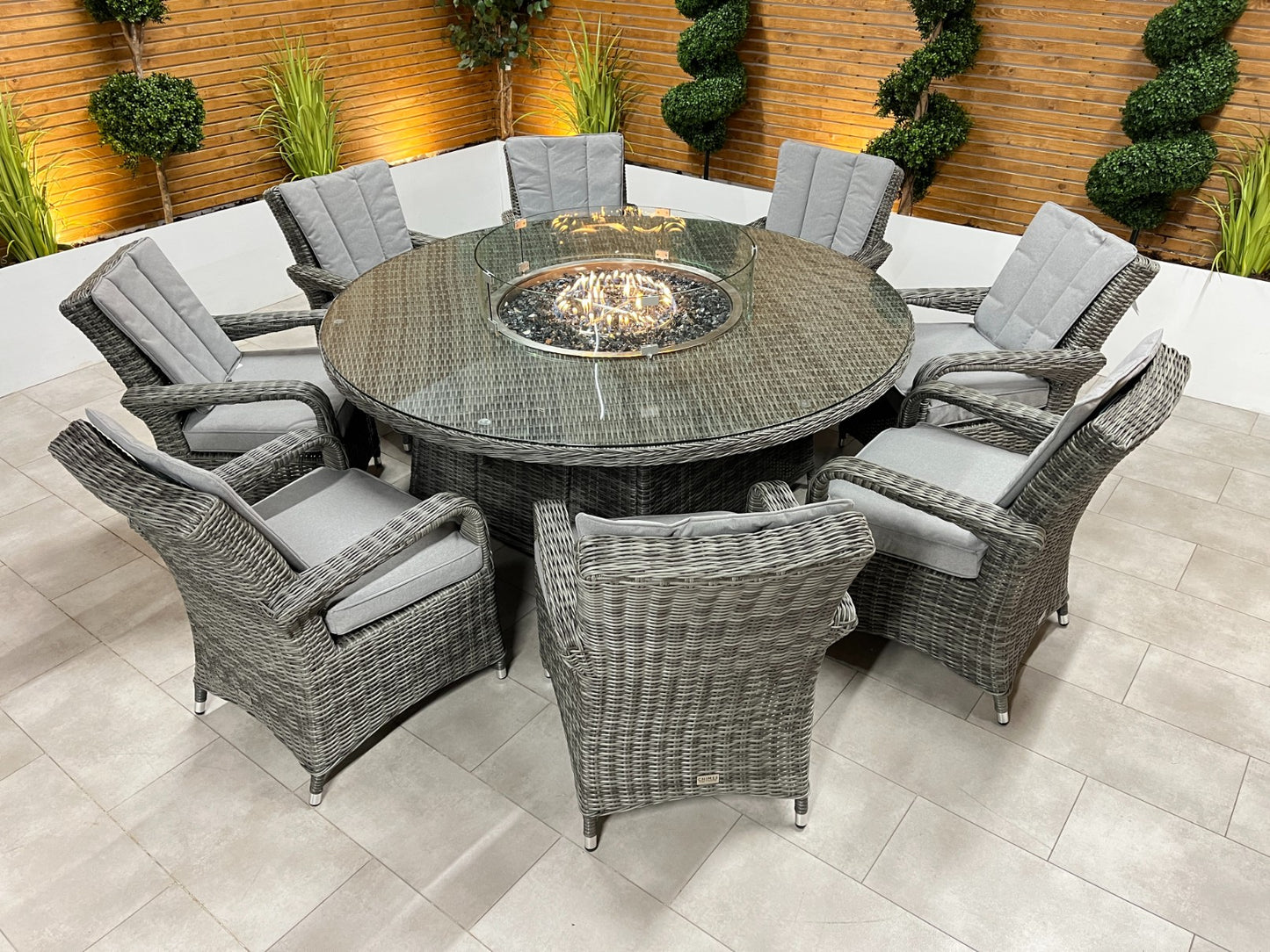 Chimes - Prestige Grey Valencia 8 Seat Round Dining Set - 1.8 Meter Round Table With Firepit