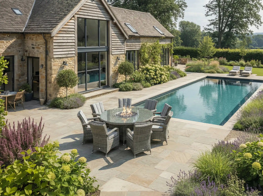 Chimes - Prestige Grey Valencia 8 Seat Round Dining Set - 1.8 Meter Round Table With Firepit