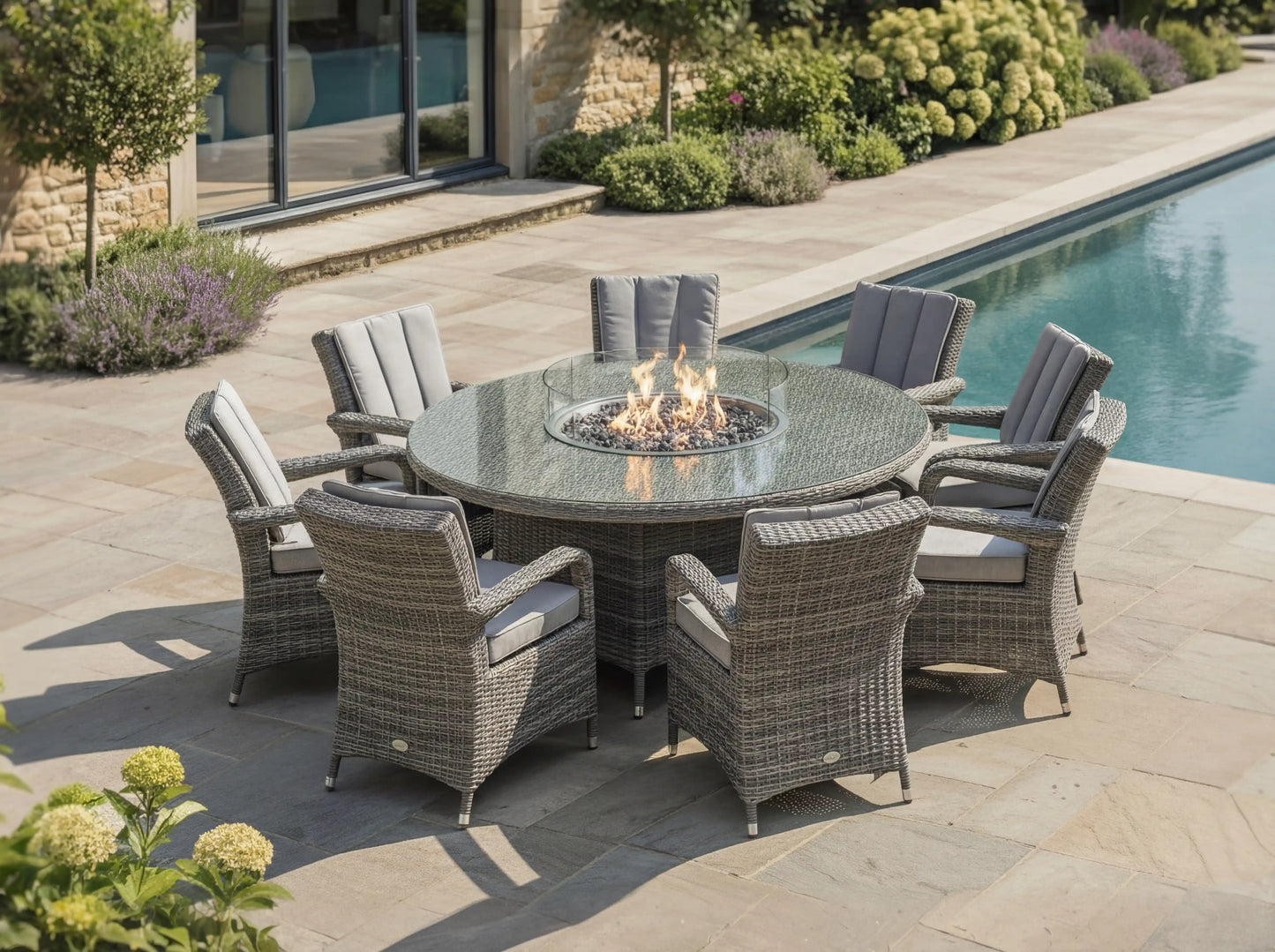 Chimes - Prestige Grey Valencia 8 Seat Round Dining Set - 1.8 Meter Round Table With Firepit