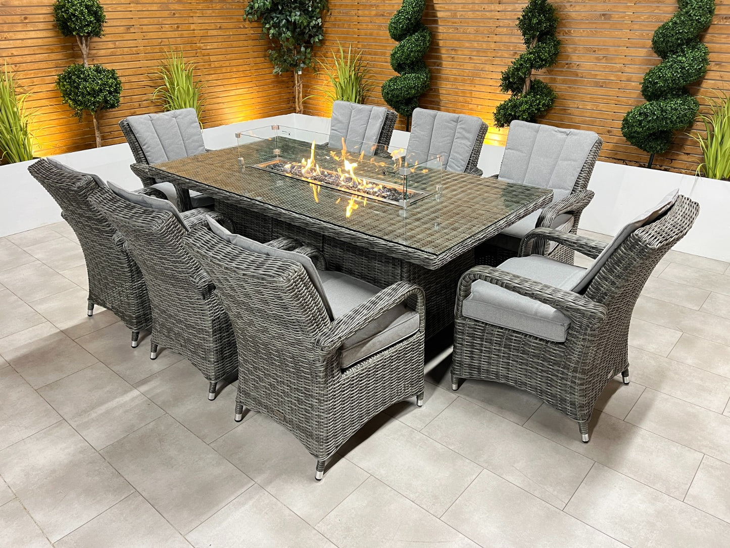 Chimes - Prestige Grey Valencia 8 Seat Rectangular Dining Set - 1 Meter x 2 Meter Table With Firepit