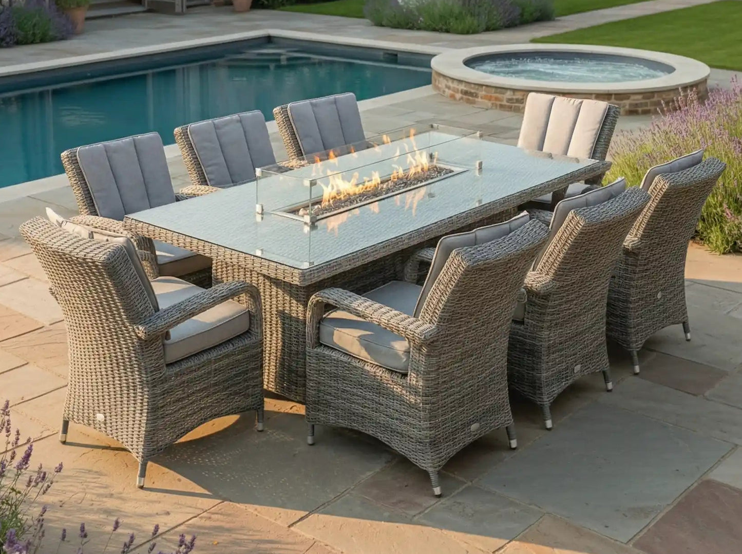 Chimes - Prestige Grey Valencia 8 Seat Rectangular Dining Set - 1 Meter x 2 Meter Table With Firepit