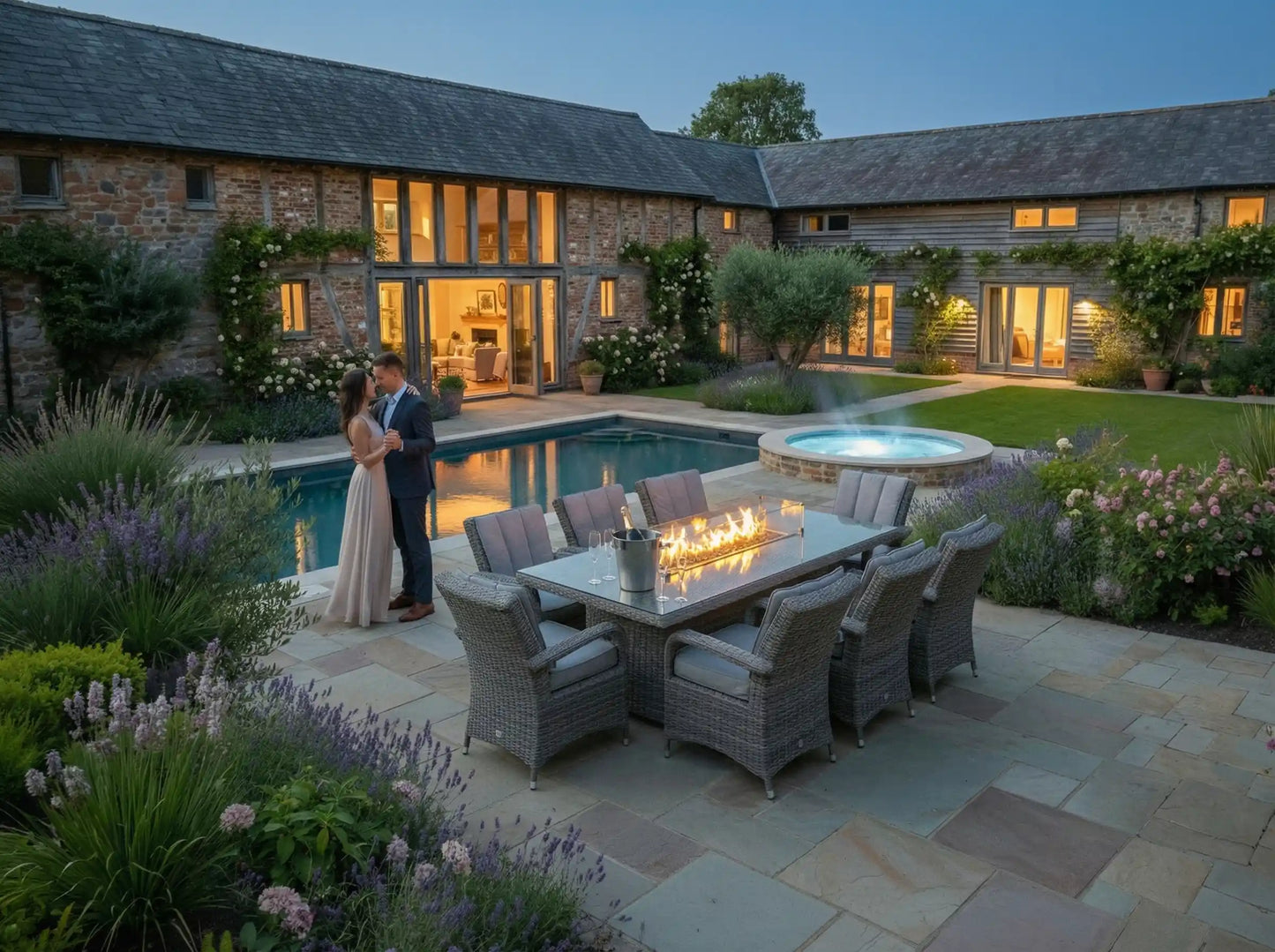 Chimes - Prestige Grey Valencia 8 Seat Rectangular Dining Set - 1 Meter x 2 Meter Table With Firepit