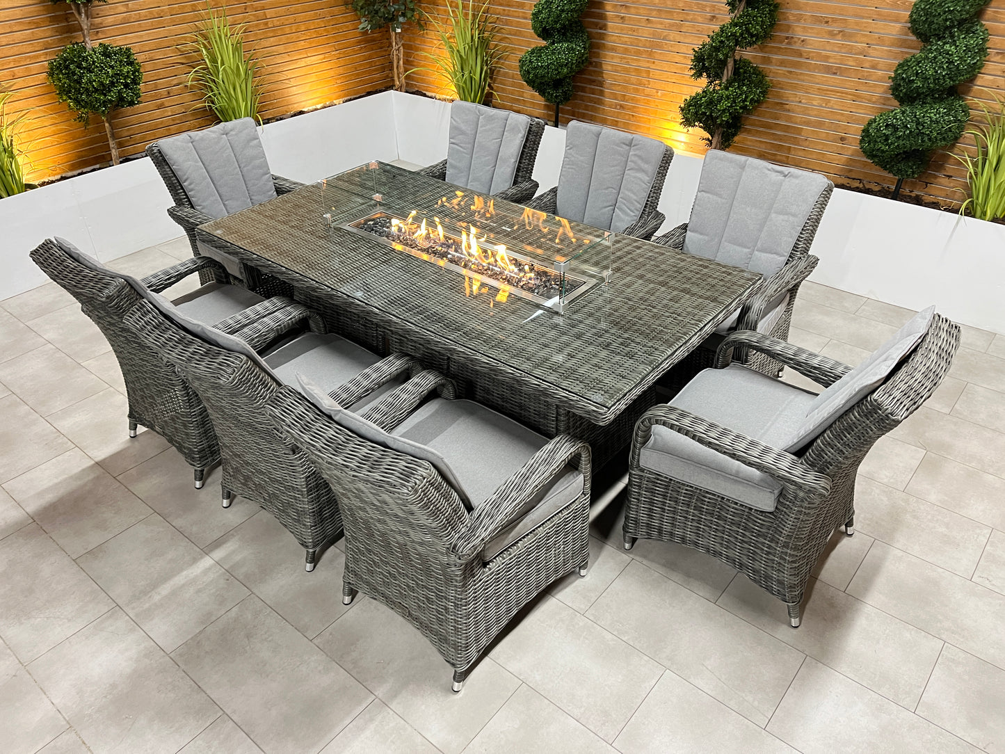 Chimes - Prestige Grey Valencia 8 Seat Rectangular Dining Set - 1 Meter x 2 Meter Table With Firepit