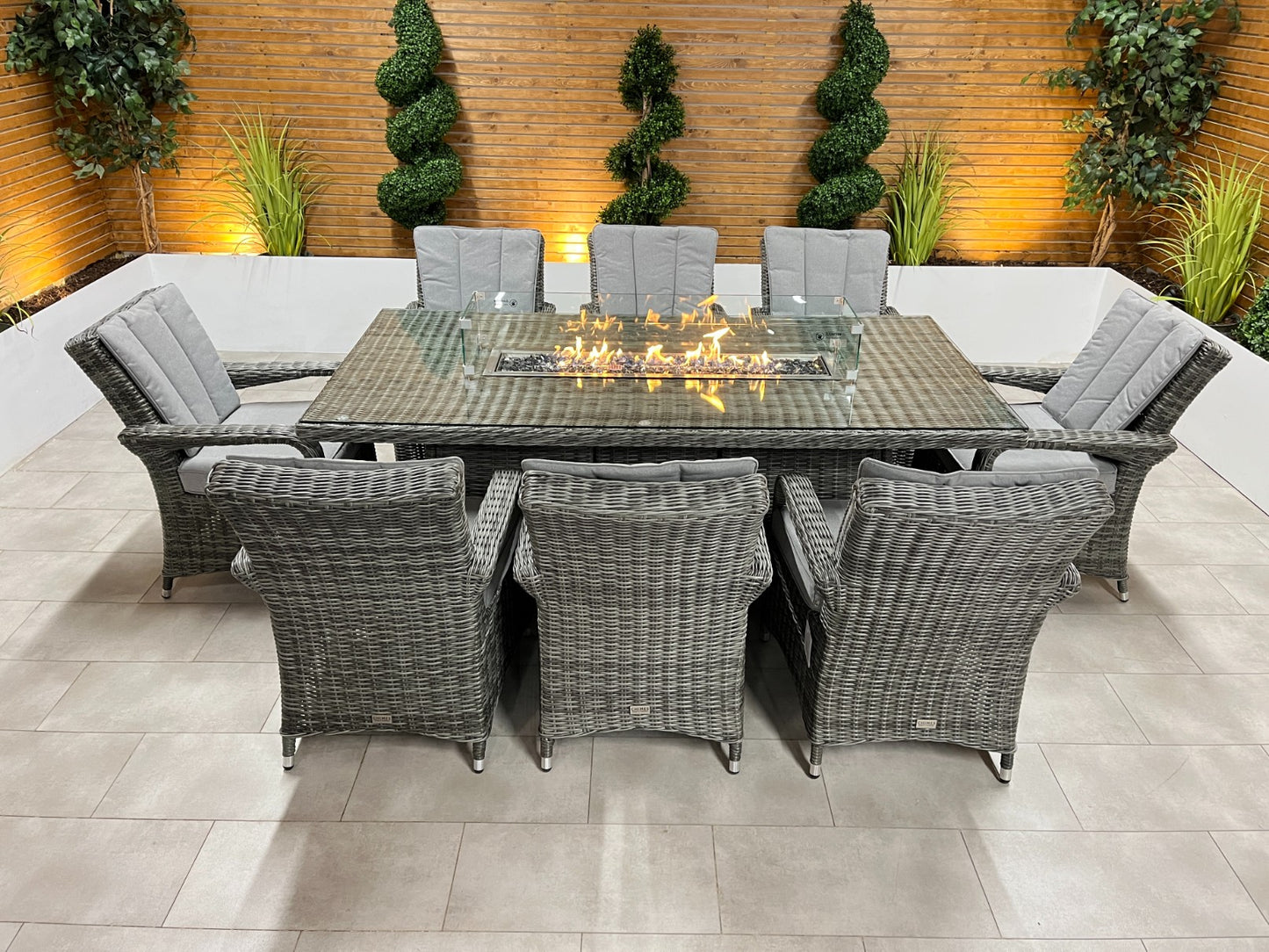 Chimes - Prestige Grey Valencia 8 Seat Rectangular Dining Set - 1 Meter x 2 Meter Table With Firepit