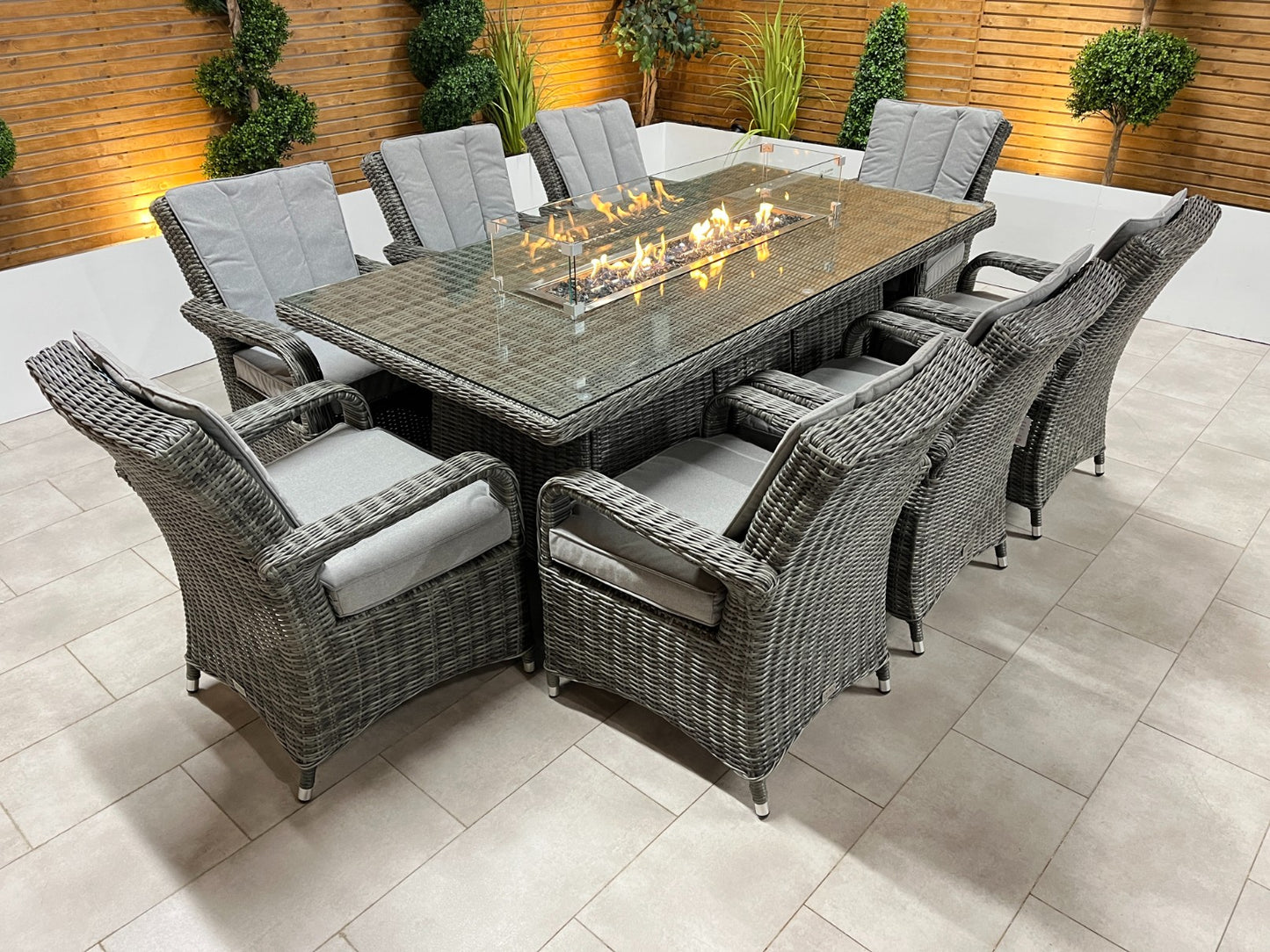 Chimes - Prestige Grey Valencia 8 Seat Rectangular Dining Set - 1 Meter x 2 Meter Table With Firepit