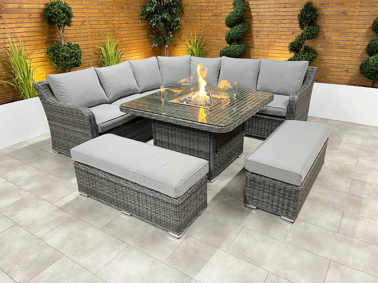 Chimes - Prestige Grey Vienna Deluxe Corner Sofa Set With Firepit table & 2 Benches - LOW STOCK