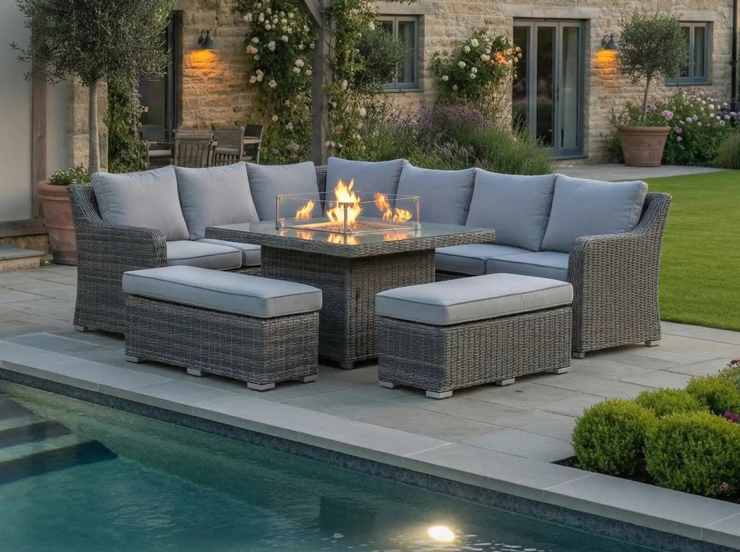 Chimes - Prestige Grey Vienna Deluxe Corner Sofa Set With Firepit table & 2 Benches - LOW STOCK
