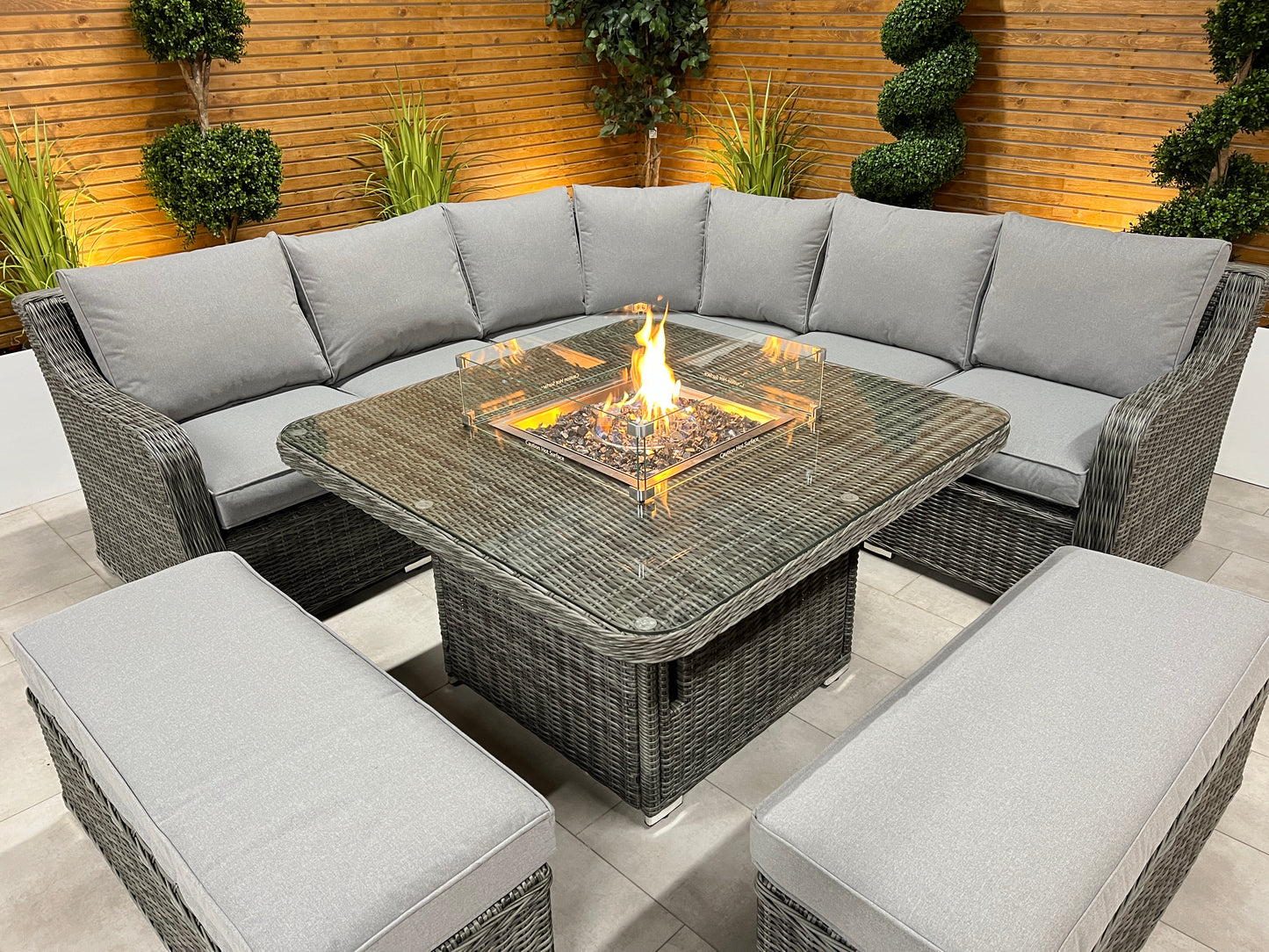Chimes - Prestige Grey Vienna Deluxe Corner Sofa Set With Firepit table & 2 Benches - LOW STOCK