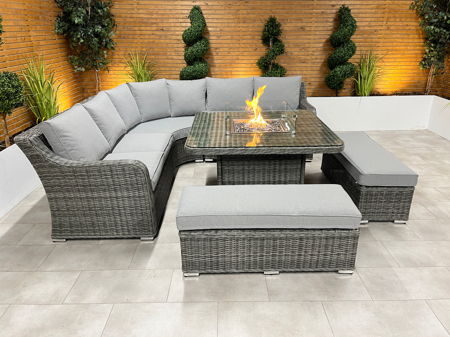Chimes - Prestige Grey Vienna Deluxe Corner Sofa Set With Firepit table & 2 Benches - LOW STOCK