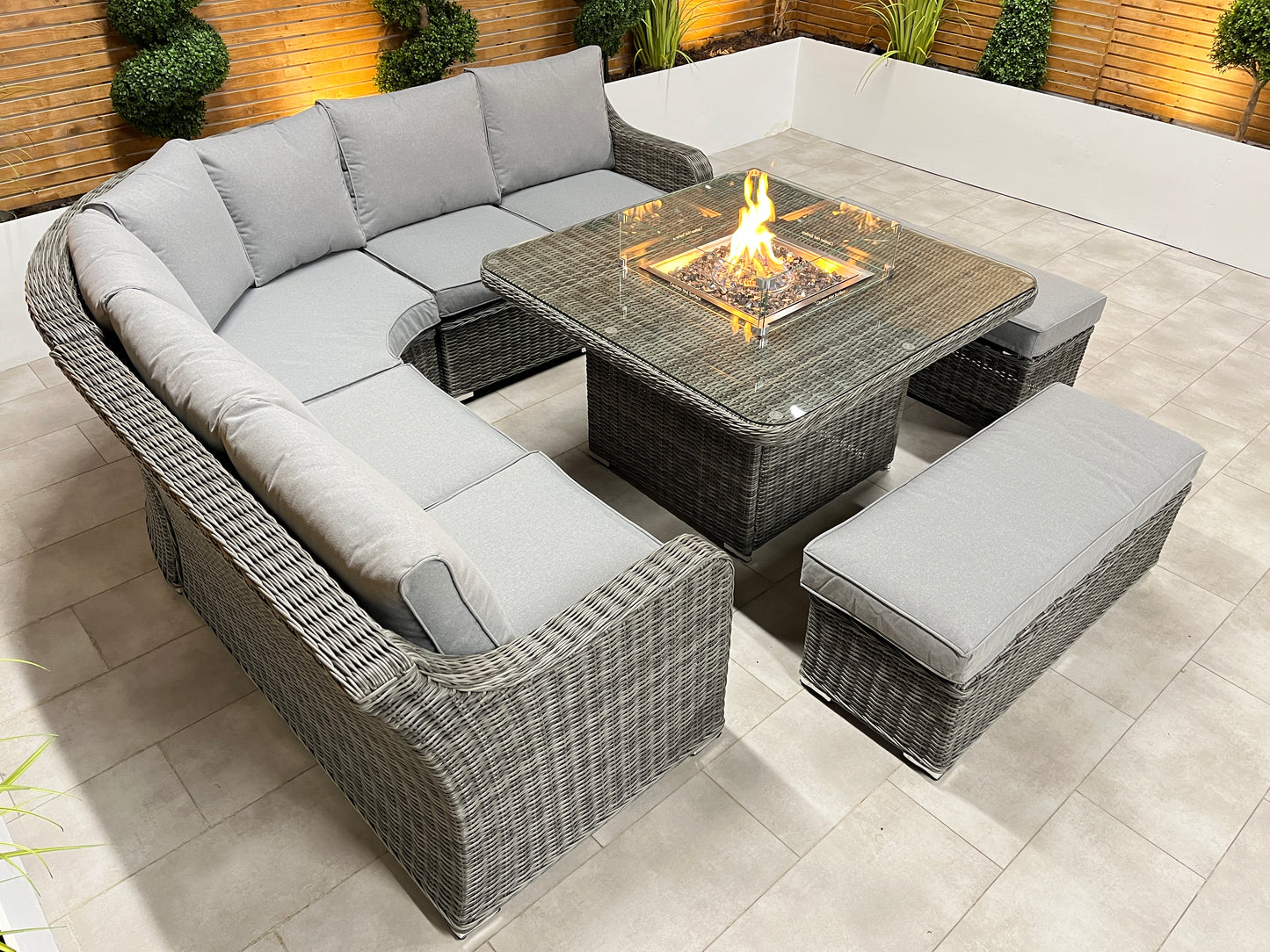 Chimes - Prestige Grey Vienna Deluxe Corner Sofa Set With Firepit table & 2 Benches - LOW STOCK