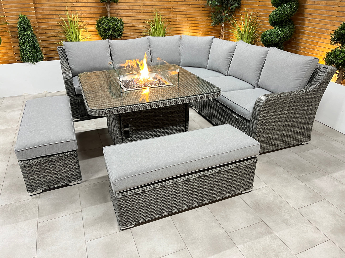 Chimes - Prestige Grey Vienna Deluxe Corner Sofa Set With Firepit table & 2 Benches - LOW STOCK
