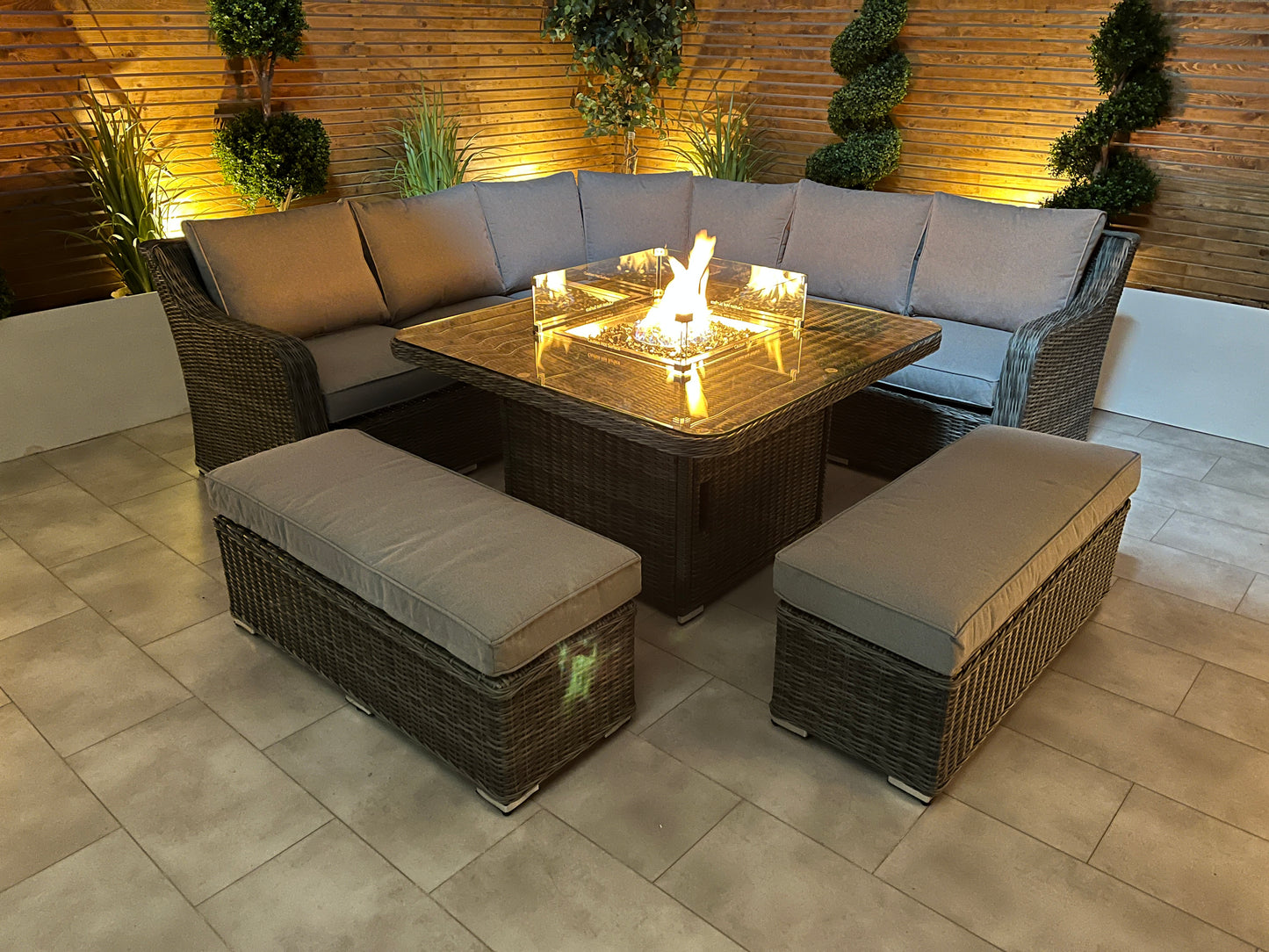 Chimes - Prestige Grey Vienna Deluxe Corner Sofa Set With Firepit table & 2 Benches - LOW STOCK